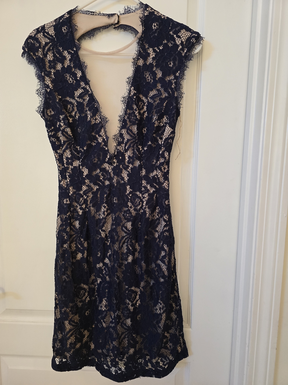 Aidan Mattox Navy Lace Plunge Mini Dress with Nude Lining
